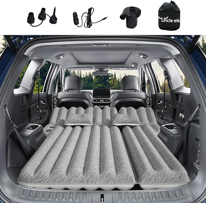 SUV Air Mattress: Inflatable Car Air Mattress for Camping, Flocking Car Bed with Air Pump & 2 Pillows, Portable Sleeping Pad Mattress for Home Car Travel Camping Grey
