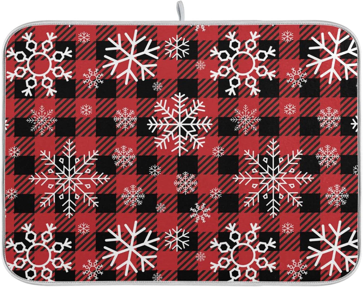 Snowflake Buffalo Plaid Dish Drying Mat for Kitchen Counter Christmas Absorbent Microfiber Drying Pad, Medium 16x18 in, Reversible Drainer Mats