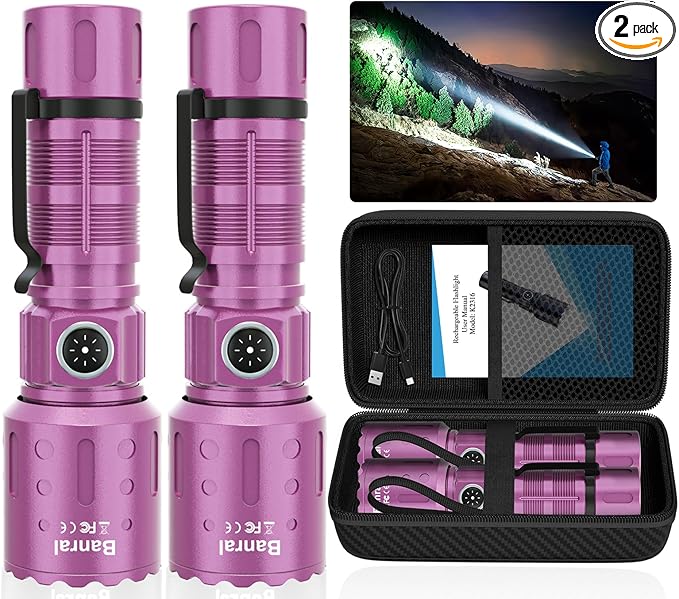 Flashlights High Lumens Rechargeable, 20000 Lumens Super Bright 1500 Meters Long Range Small Powerful Flashlight, 6 Modes LED Tactical Pocket Waterproof Flash Light for Home Emergency (2, Purple)