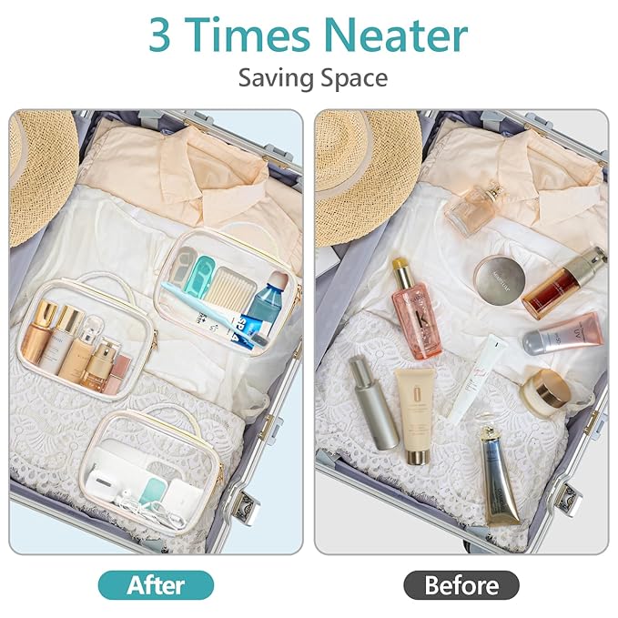 PACKISM TSA Approved Toiletry Bag - Ruched Textured Clear Makeup Bag, Iridescent White, with 180° Large Opening and Supporting Frame, Perfect for Travel Essentials, Thick No Smell