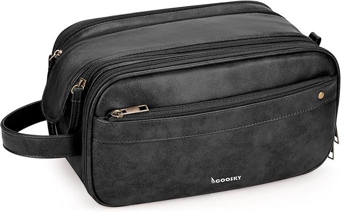 Travel Toiletry Bag for Men, Large Hanging Toiletries Organizer Bags for Women, Cruise Ship Essentials, Water-resistant Shaving Case, PU Leather Makeup Accessories, Cosmetic Dopp Kit, Black