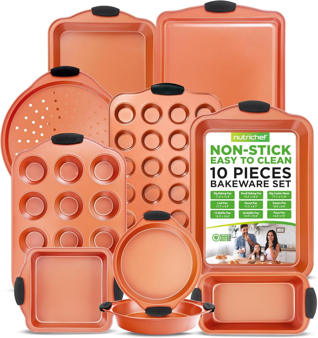 NutriChef 10-Piece Nonstick Baking Pan Set – Durable Carbon Steel Bakeware with Silicone Handles – Bakeware set Includes Cookie Sheet, Muffin, Cake, Pizza & Roasting Pans – Even Heating, Easy Cleanup