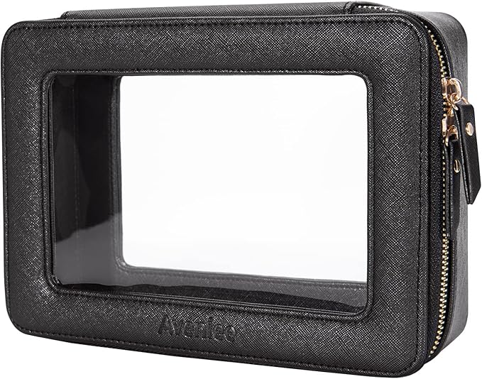 Aveniee Clear Makeup Bag Organizer, Portable Travel Toiletry Cosmetic Bag Case for Women, Heavy Duty Make Up Pouch with Transparent Vinyl Windows & Gold Zippers(Black)