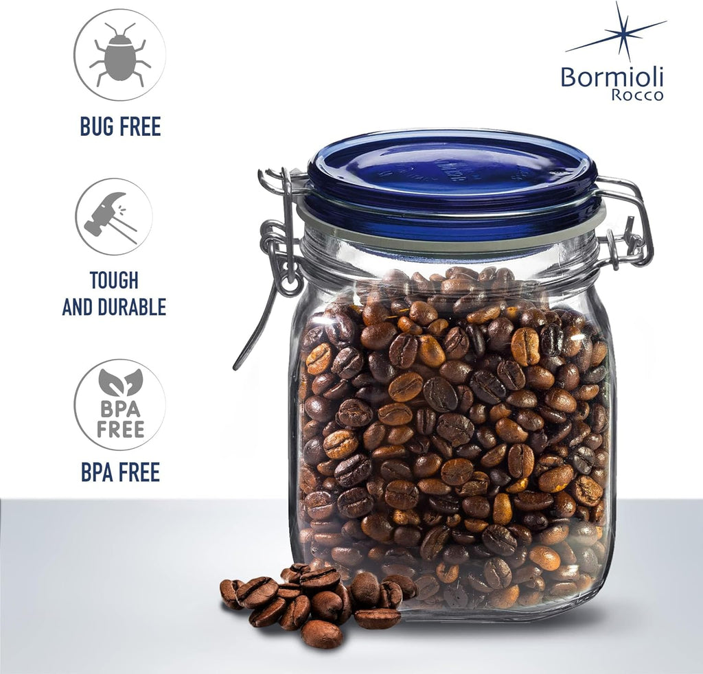 Bormioli Rocco Fido Glass Jars, Blue Lids – Serving & Entertaining Containers, Assorted Sizes - Airtight Clamp Canisters for Appetizers, Desserts, Snacks – Italian Glass, Dishwasher Safe (Set of 3)