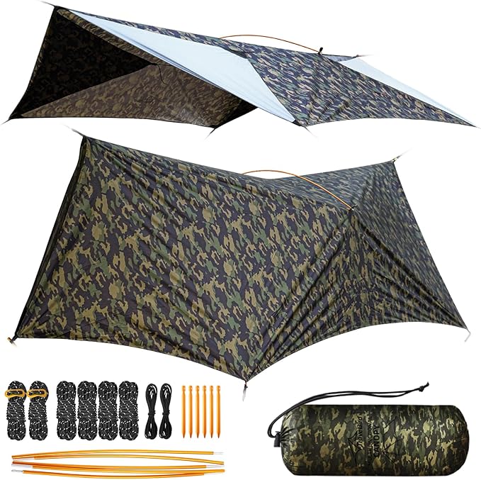 Ultralight Tarp, 14ft Hammock Rain Fly Lightweight Waterproof Camping Tent Tarp with Doors, Bushcraft Tarp Shelter for Backpacking Hiking Camping