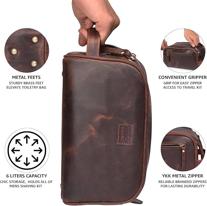LEATHER VILLAGE Premium Leather Toiletry Travel Pouch With Waterproof Lining - Dark Brown | King-Size Handcrafted Vintage Dopp Kit Bag