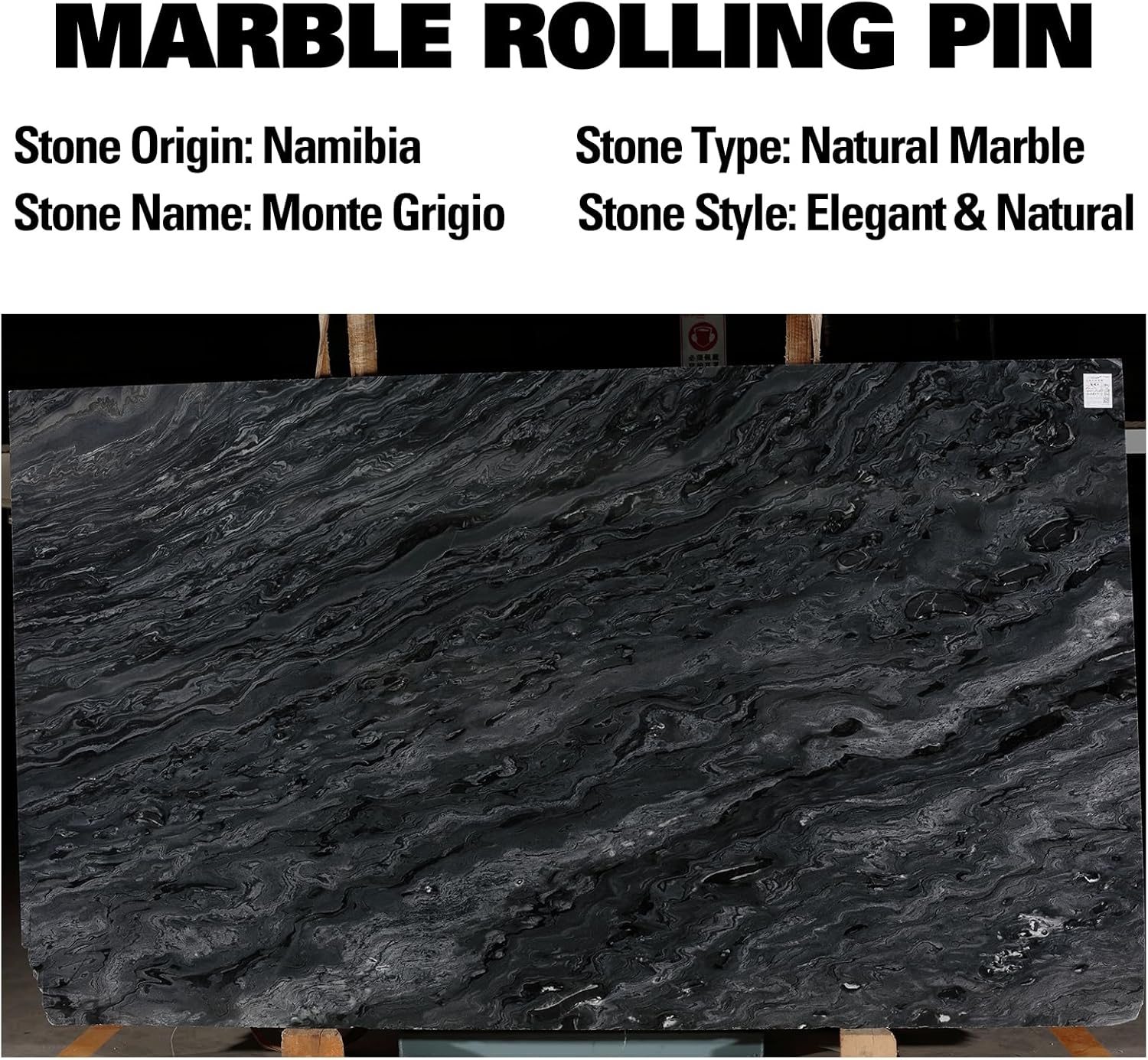 African Natural Marble Rolling Pin, Non-Stick Polished Dough Roller, Pasta, Dumpling, Fondant, Pie Crust, Bread, Pizza Dough, Kitchen Baking Pastry Tools with Mat/Scraper(Monte Grigio)