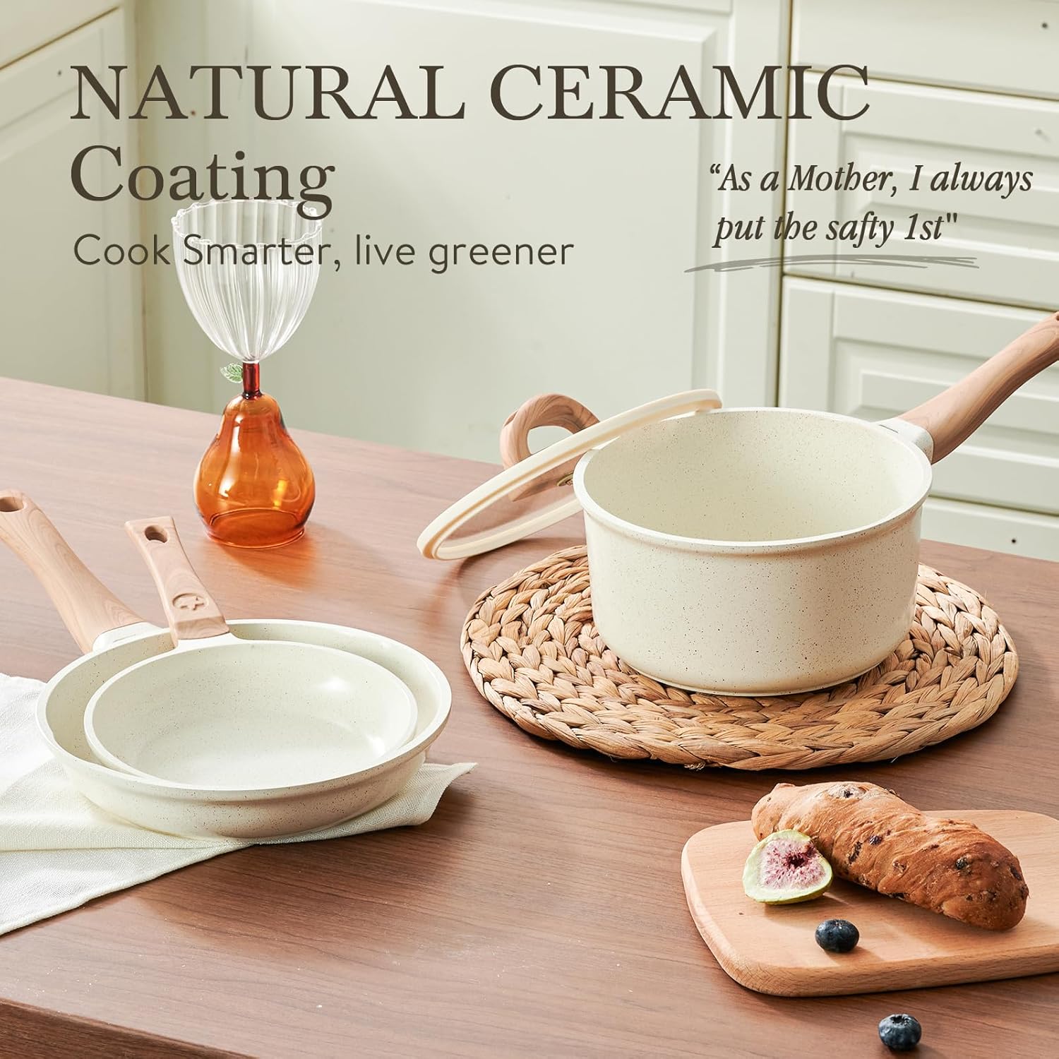 22 Pcs Pots and Pans Set Non Stick Non-Toxic Ceramic Kitchen Cookware Sets Nonstick Pot&Pan With Lid Cream White Granite Induction Compatible with Glass Lids Crepe