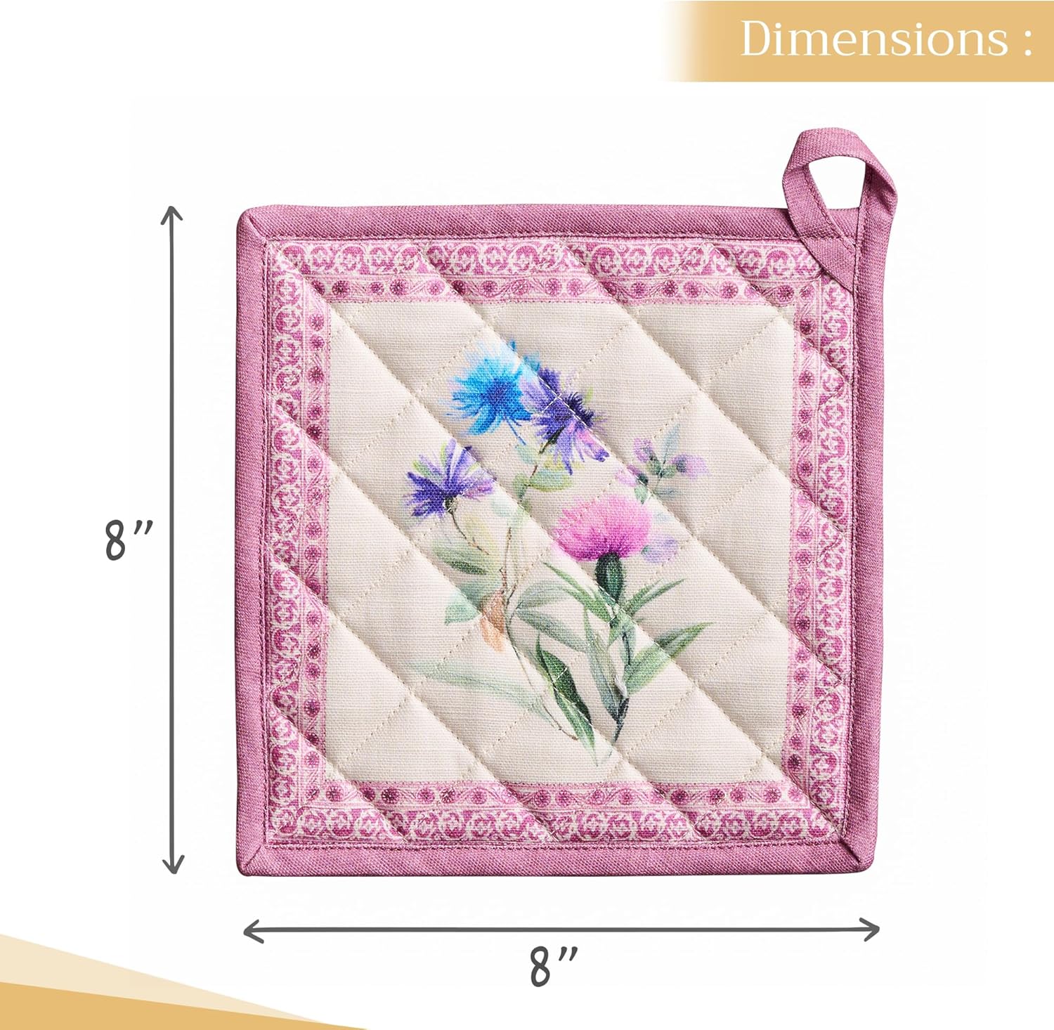 Maison d' Hermine Pot Holders Set 100% Cotton Heat Resistant Potholders 8" x 8" Hot Pads with Loop BBQ, Cooking, Baking, Grilling, Kitchen, Handling Hot Pans Spring/Summer (Pack of 2, Chardon)