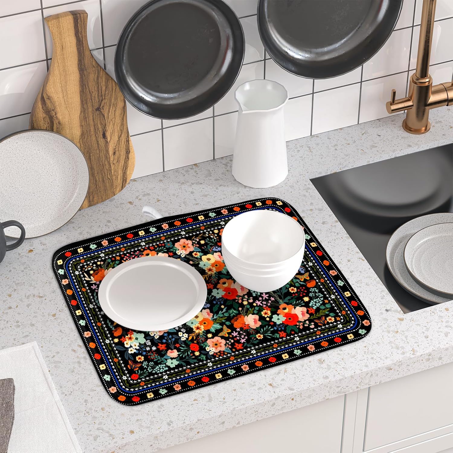 Black Flowers Dish Drying Pad Boho Floral Washable Microfiber Kitchen Mat for Home Decor