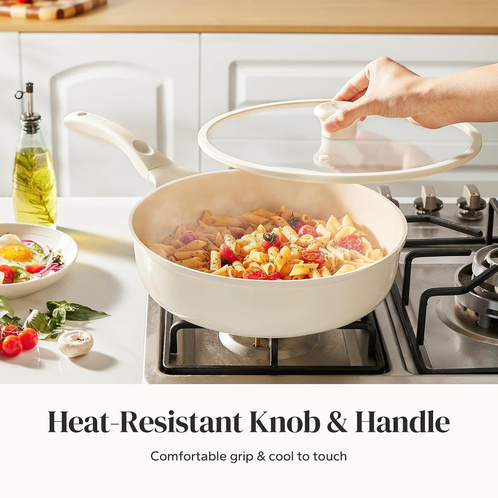 Redchef Ceramic Frying Pan with Glass Lid, Nonstick Deep Saute Pan for All Stovetops, Healthy Cooking Pan, Ergonomic Handle, Fast Even Heating, Splatter Prevention, Oven Safe, Beige (5.2Qt, 12")