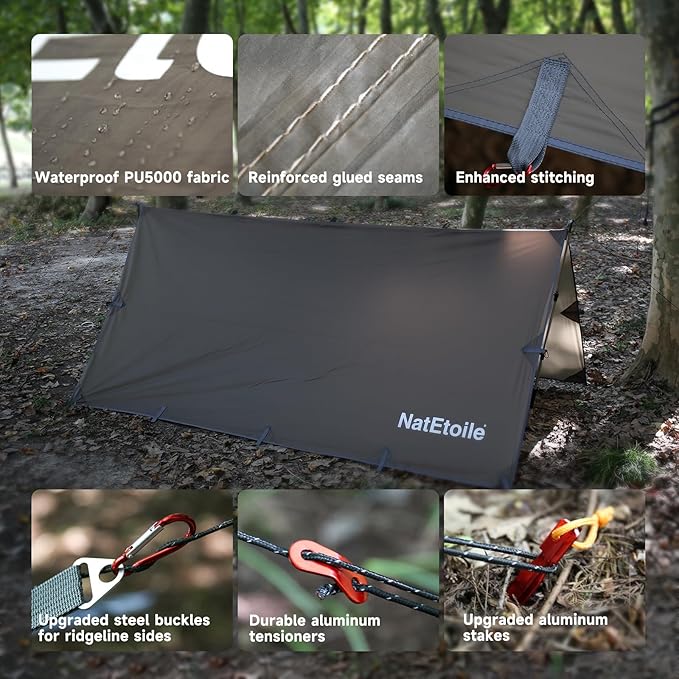 Camping Tarp by NatEtoile - Versatile 10X10 ft Portable Rain Fly for Hammock with 19 Tie-Outs,PU 5000mm Waterproof Sunproof Tarp Shelter - Ideal for Camping, Hiking, Backpacking, and Hammock Cover