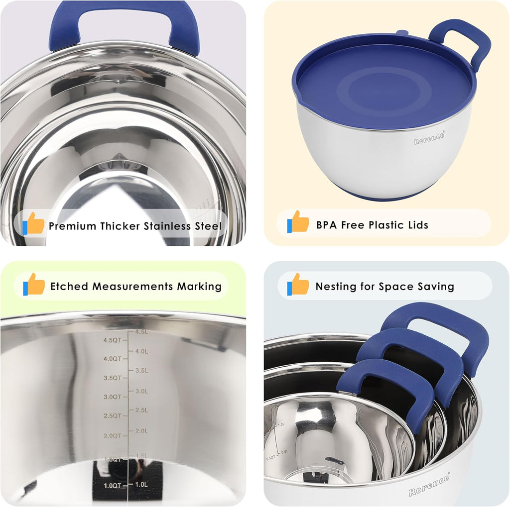 Rorence Stainless Steel Mixing Bowls: Stackable Mixing Bowl Set with Lids and Handles Non-slip Silicone Bottom Nesting Bowls for Kitchen Set of 3 - Blue