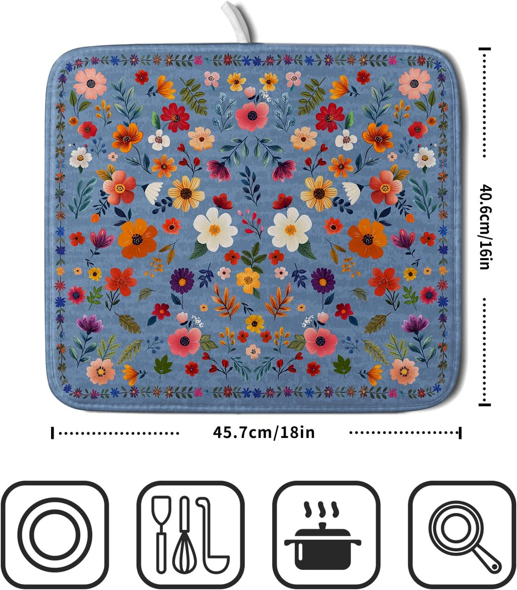 Lovely Flowers Dish Drying Mat - Blue Floral Kitchen Counter Microfiber Drying Pad 16 X 18 for Home Decor