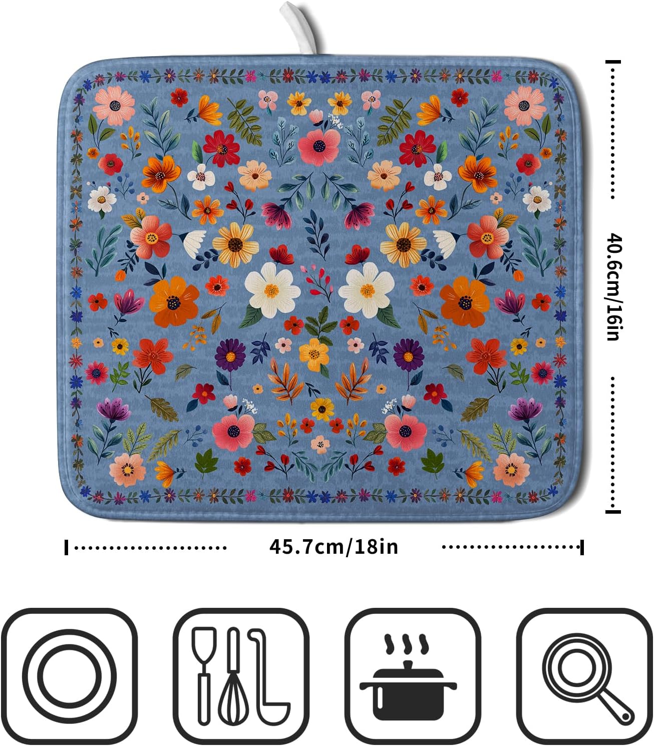 Lovely Flowers Dish Drying Mat - Blue Floral Kitchen Counter Microfiber Drying Pad 16 X 18 for Home Decor