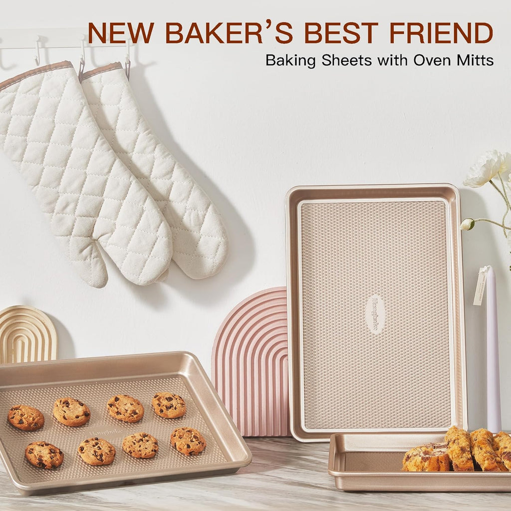 HONGBAKE 3 Pack Gold Nonstick Baking Sheet Pan Set with Oven Mitts Heat Resistant, Non-Toxic Half/Quarter/Jelly Roll Pans with Diamond Texture Pattern, Heavy Duty 0.8mm Thick Cookie Trays for Cooking