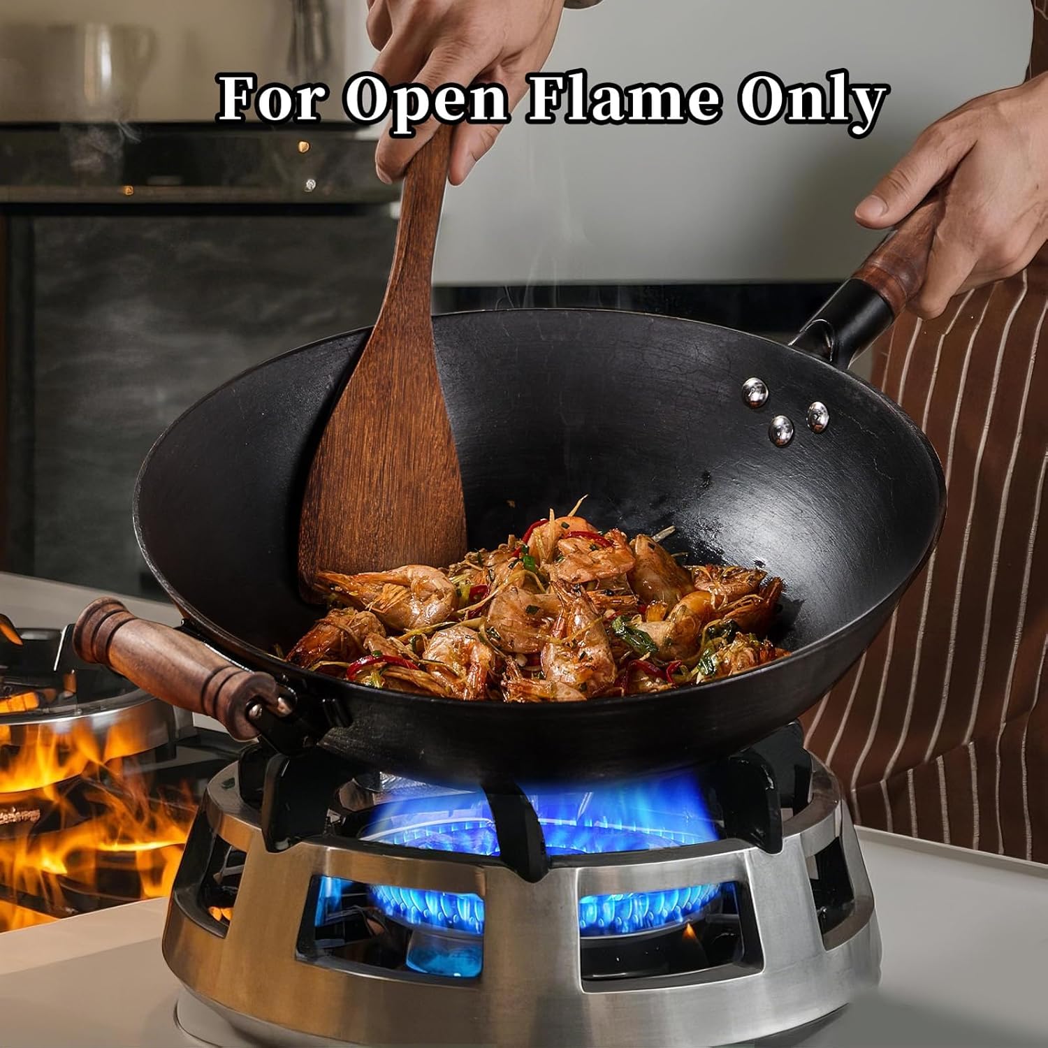 WANGYUANJI 14.17-Inch Cast Iron Chinese Wok with Round Bottom & Glass Lid - Traditional Chinese Wok for Gas Stove and Open Flame Cooking