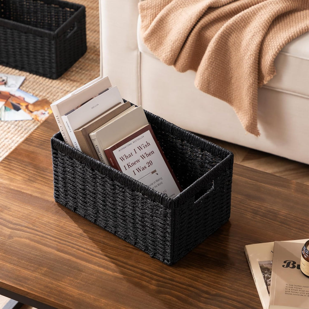 UBBCARE 2 Pack Wicker Basket, 13.4L×8.3H×7.1W inch Woven Paper Rope Storage Baskets for shelves, Foldable Rectangular Storage Baskets with Handle, Storage Basket for Organizing, Black