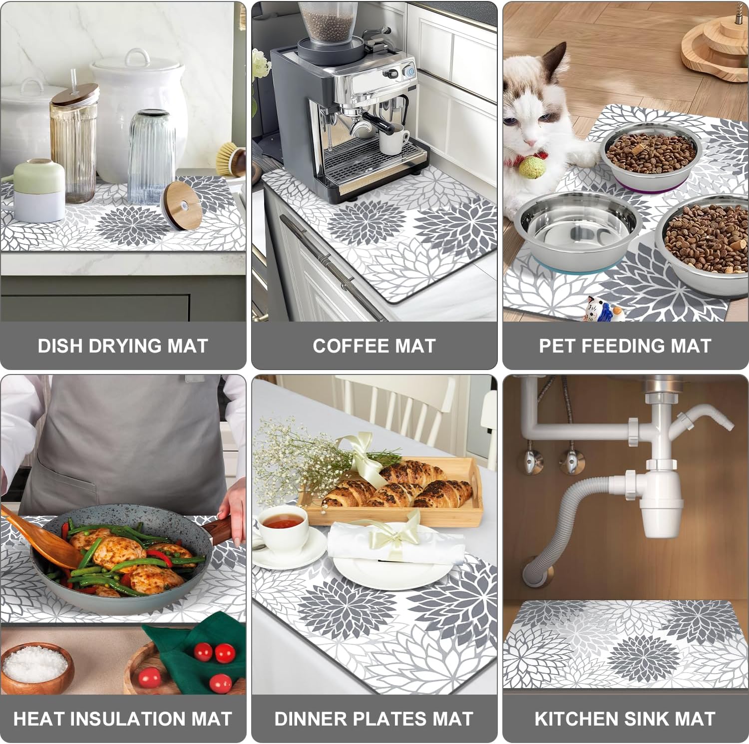 Findosom 2PCS 16" x 24" Dish Drying Mat & 24" x 5.5" Sink Splash Guard, Super Absorbent & Cuttable Dish Mat Drying Kitchen Mat with Gray Floral, Hide Stain Drying Mat for Kitchen Counter