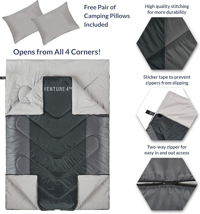 VENTURE 4TH Backpacking Sleeping Bag – XXL, Double and Single Sizes - Lightweight Warm & Cold Weather Sleeping Bags for Adults, Kids & Couples – Ideal for Hiking, Camping & Outdoor Adventures
