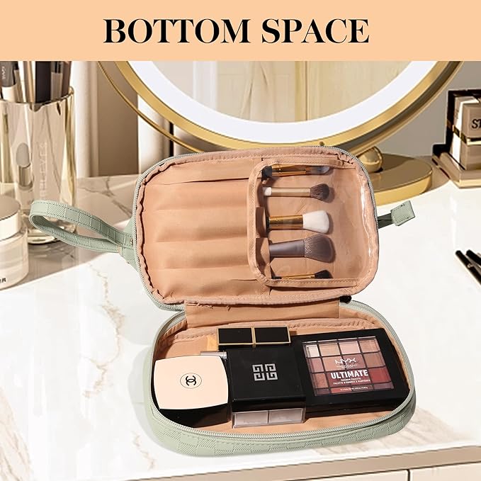 Abiudeng Large Capacity Makeup Bag Ladies Cosmetic Bag Travel Bag with Compartments Portable PU Leather Travel Makeup Bag with Handle