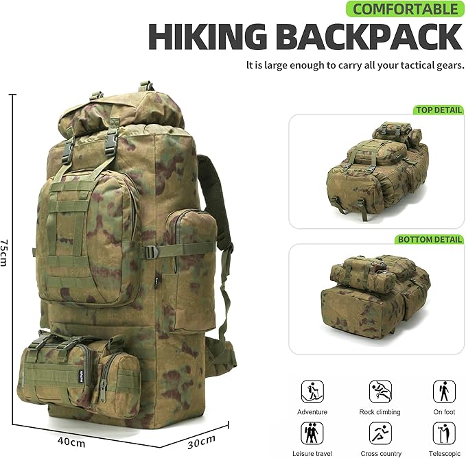 100L Camping Hiking Backpack,Molle military Tactical rucksack backpack,Waterproof Lightweight Hiking Backpack (Ruin Green)