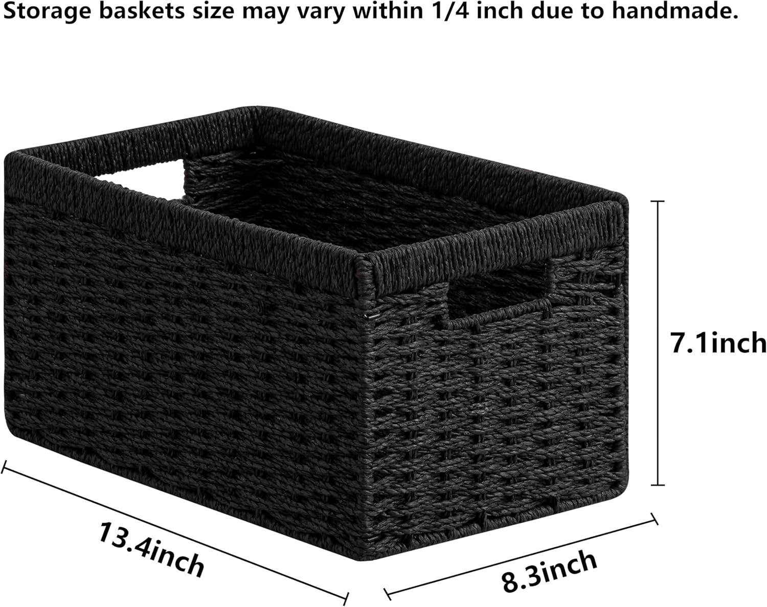 UBBCARE 3 Pack Wicker Basket, 13.4L×8.3H×7.1W inch Woven Paper Rope Storage Baskets for shelves, Foldable Rectangular Storage Baskets with Handle, Storage Basket for Organizing, Black
