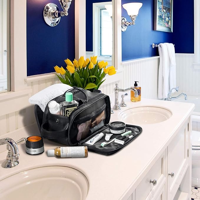 Elviros Toiletry Bag for Men, Large Travel Shaving Dopp Kit Water-resistant Bathroom Toiletries Organizer PU Leather Cosmetic Bags