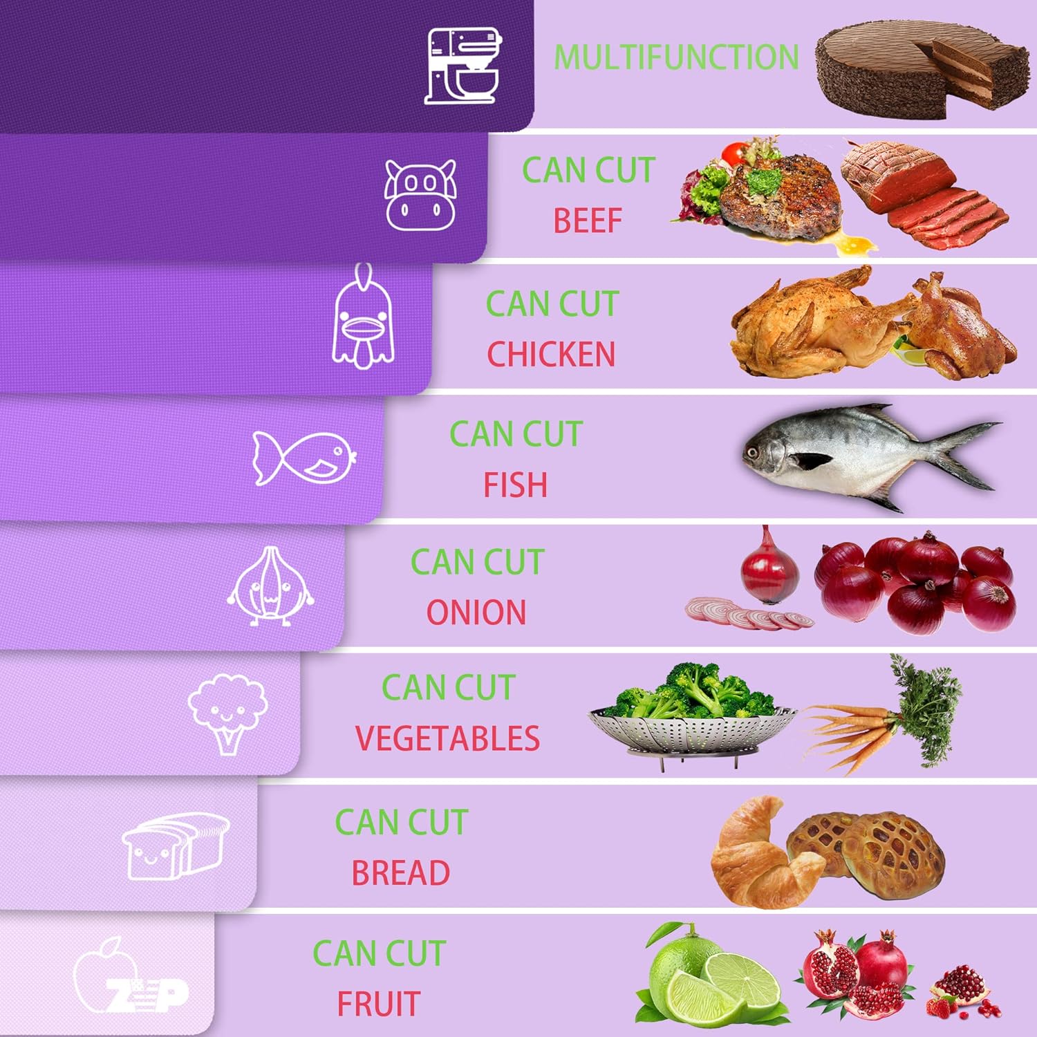 ZVP Flexible Plastic Cutting Board Set of 5 Gradient Color, Colorful Chopping Boards, BPA Free Mats, Non Slip, Dishwasher Safe, 15x12 Inch, Purple Multi-Color