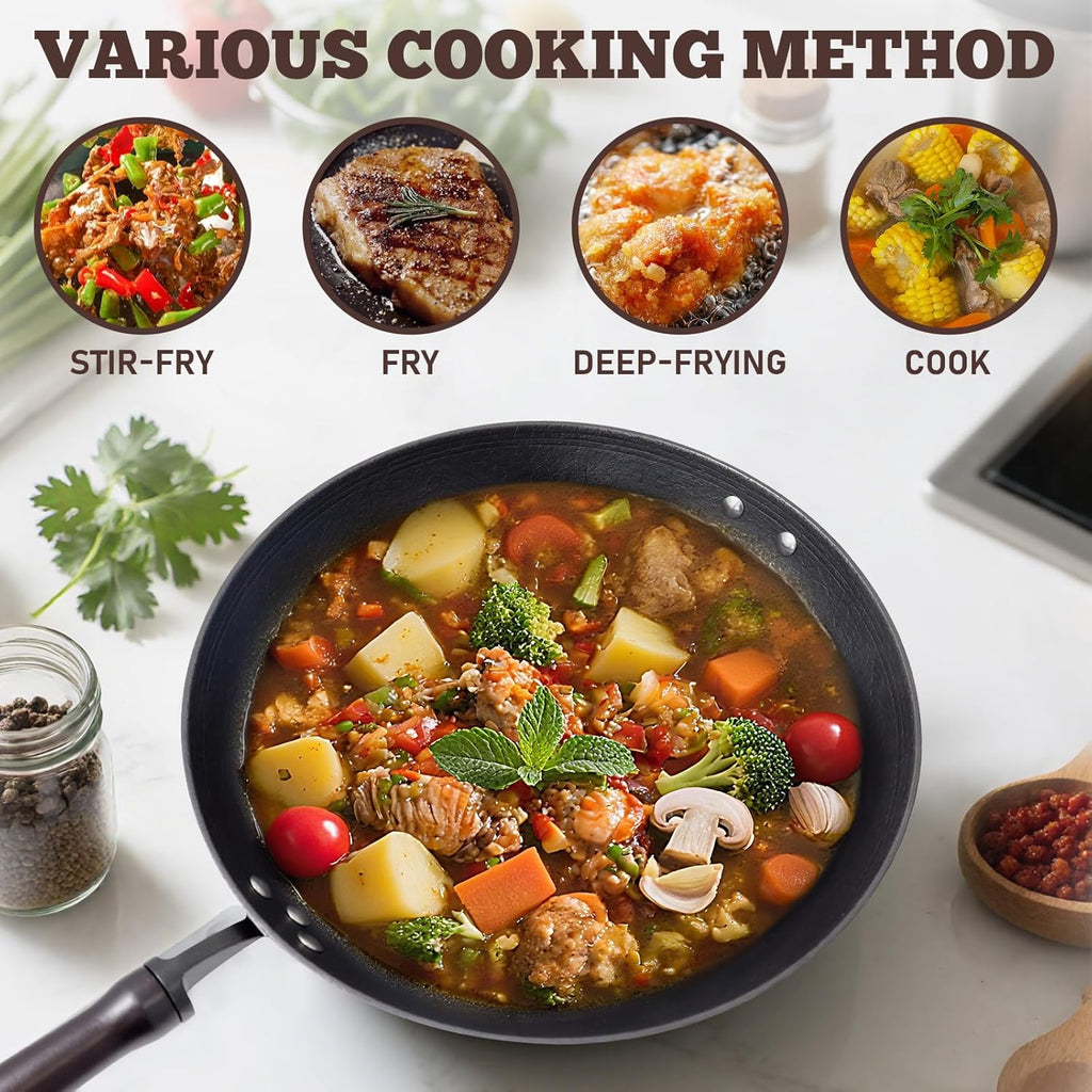 HONGJIANG Cast Iron Wok Pan, 11.8" Pre-Seasoned Flat Bottom Wok,Coating-Free Wok Stir Fry Pan With Glass Lid,Compatible Traditional Chinese Wok For Induction, Electric, Gas,Open Fire