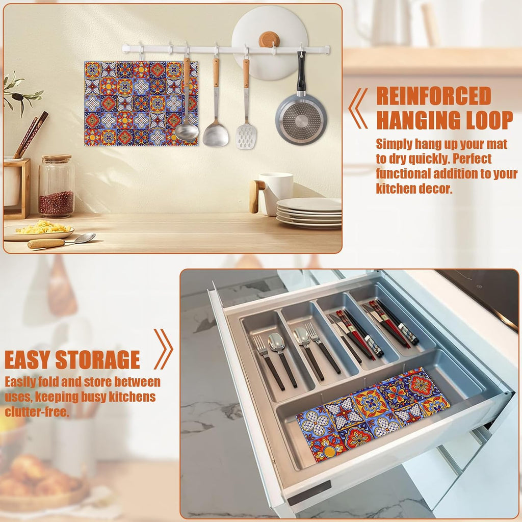 Talavera Mexican Tiles Dish Drying Mat for Kitchen Counter Microfiber Absorbent Dish Kitchen Drying Mat Draining Reusable Washable for Dishes/Utensils/Counterto