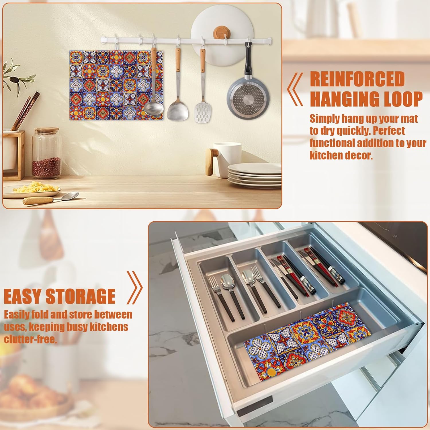 Talavera Mexican Tiles Dish Drying Mat for Kitchen Counter Microfiber Absorbent Dish Kitchen Drying Mat Draining Reusable Washable for Dishes/Utensils/Counterto