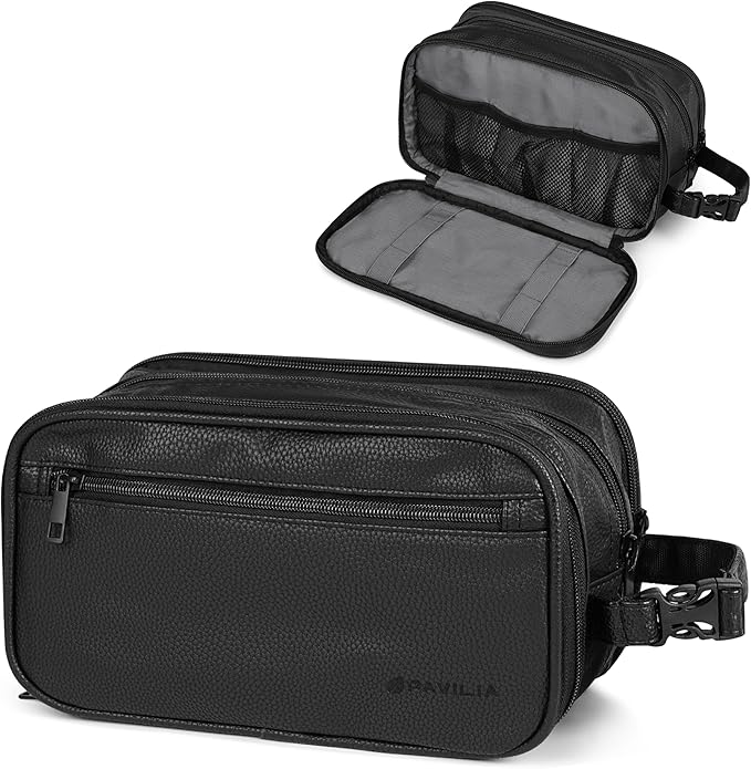 PAVILIA Toiletry Bag for Men, Travel Toiletries Bag | Water-resistant Dopp Kit, PU Leather Shaving Pouch Organizer for Accessories, Cosmetic, Hygiene, Grooming Essentials (Black)