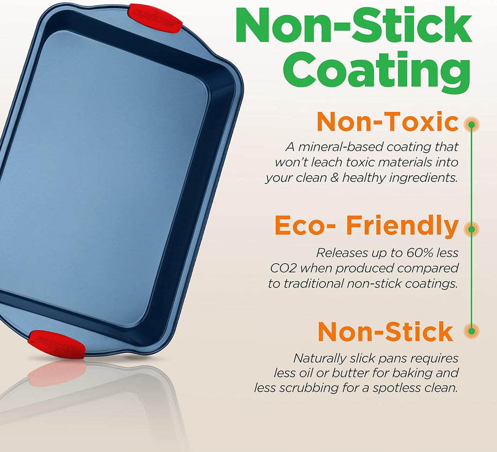 NutriChef 8-Piece Bakeware Set - Nonstick Carbon Steel Baking Pans with Red Silicone Handles, Blue Coating, Durable & Stain-Resistant, Perfect for Baking Cakes, Muffins, Cookies (Blue)