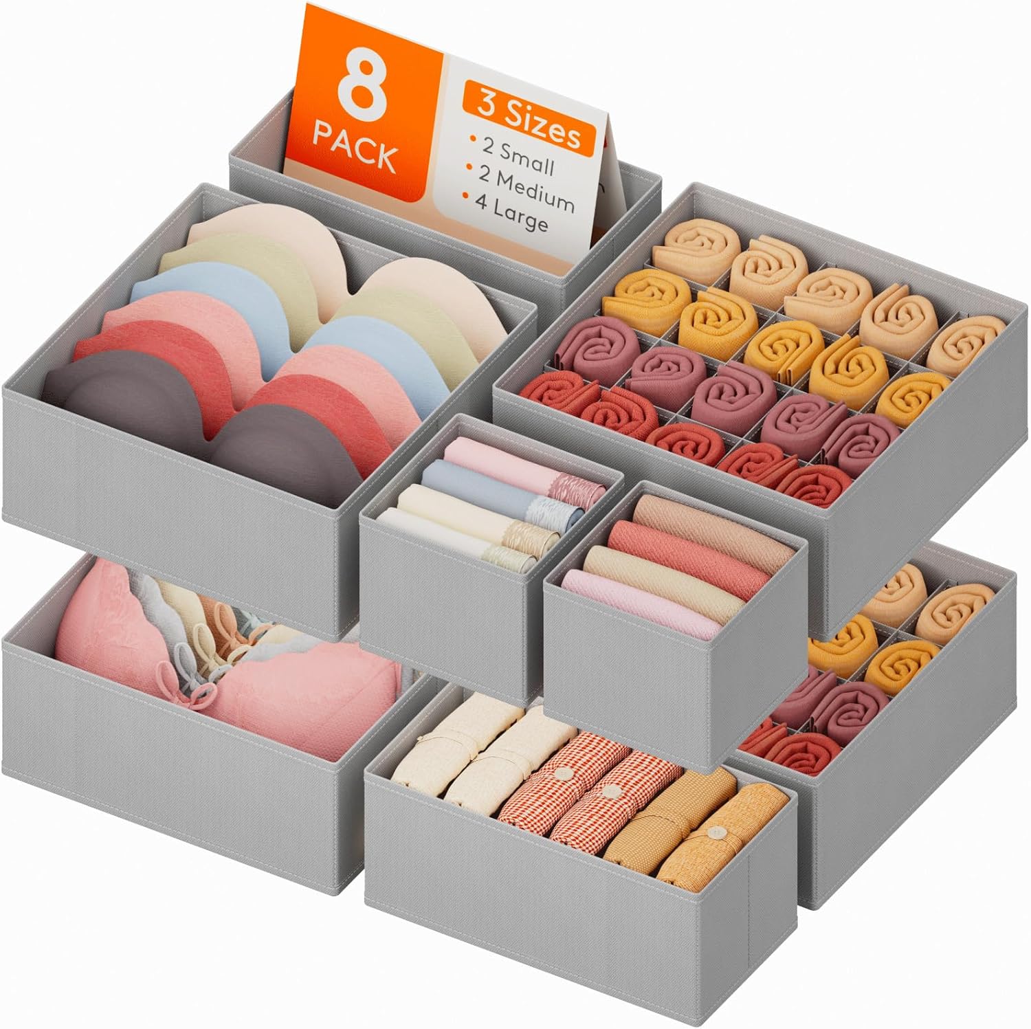 Lifewit Underwear Drawer Organizer for Closet 8 Pack, 3 Sizes Dresser Organizer Dividers, Deep Fabric Foldable Drawer Storage Organizer Bins for Clothes, Sock, Bra, Lingerie, Undies