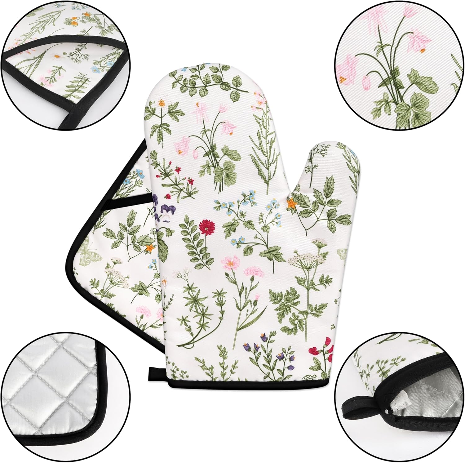 Floral Oven Mitts and Pot Holders Sets Wildflower Oven Gloves Heat Resistant 4 Pcs Pretty Decorative Kitchen Hot Pads and Mitts for Baking Cooking Grilling