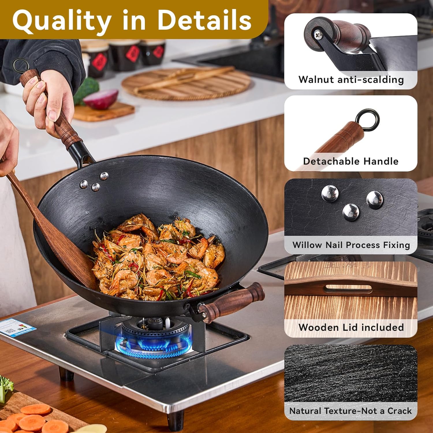 WANGYUANJI 14.2 Inch Cast Iron Wok with Lid – Flat Bottom Chinese Stir Fry Pan, Handcrafted Non-Coated Iron Cookware for Induction, Gas & Electric Stoves, Black