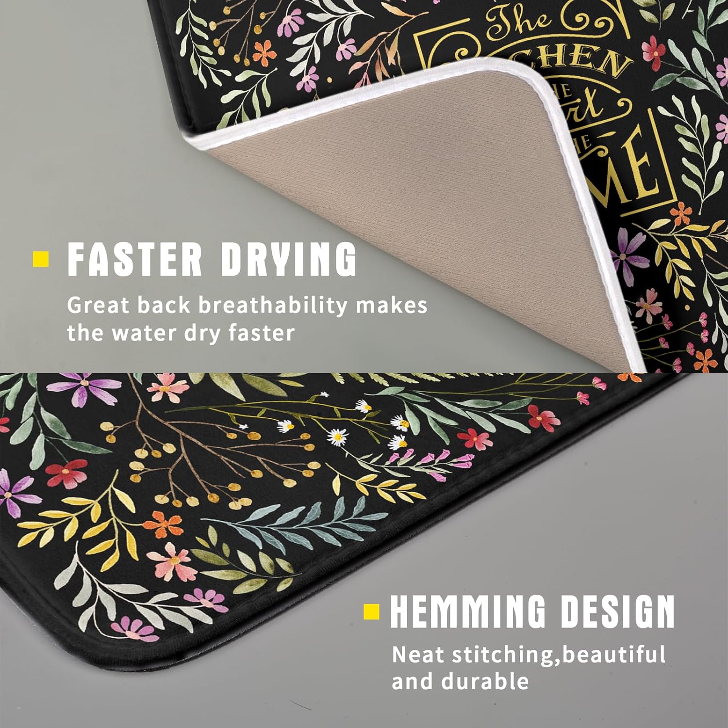 Absorbent Dish Drying Mat Colorful Flowers Microfiber Pad for Kitchen Counter Coffee Bar Decor 16" X 18"