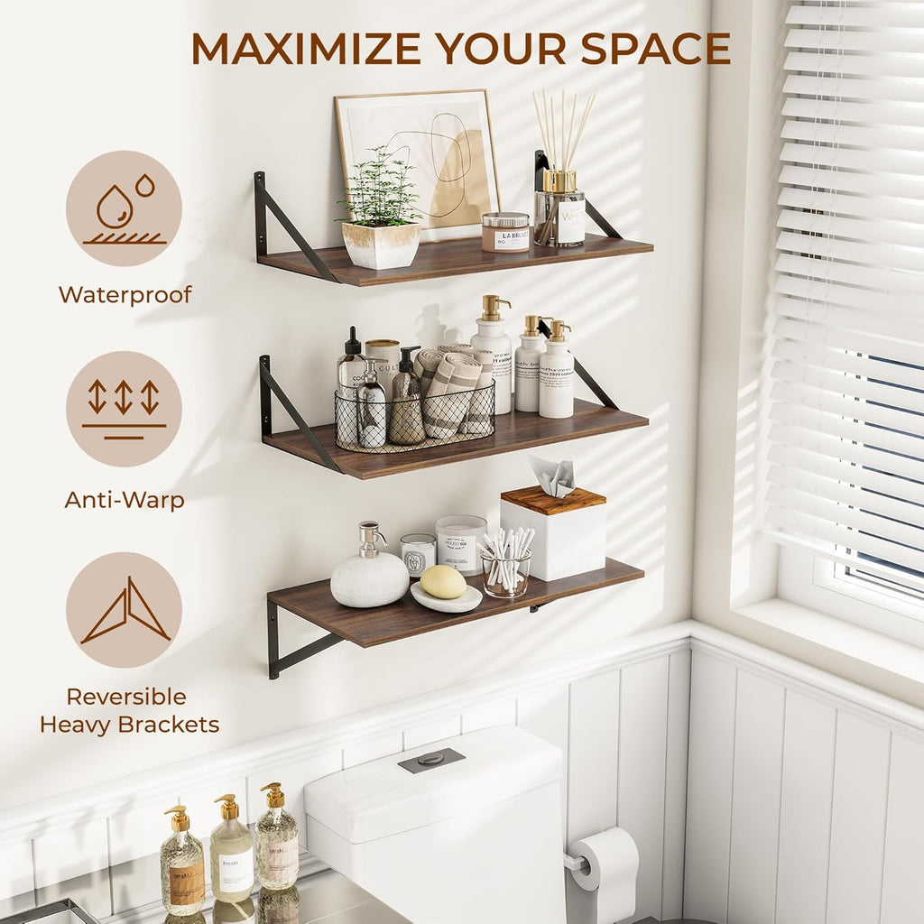 Heimlove 24" W x 12" D Wall Shelves for Books, 12 Inch Deep Floating Shelves Set of 3, Wide Floating Bookshelf with Metal Bracket for Living Room, Kitchen, Office, Bedroom and Decor Storage - Walnut