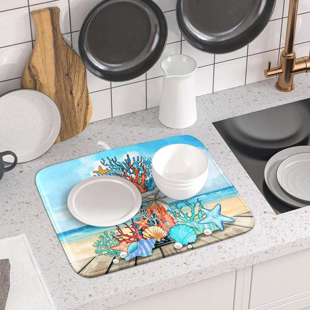 Coastal Coral Dish Drying Mat 16x18 inch Starfish Shell Fast Dry Microfiber Dish Rack Mats Drainer Pad for Countertop Kitchen Table Decor