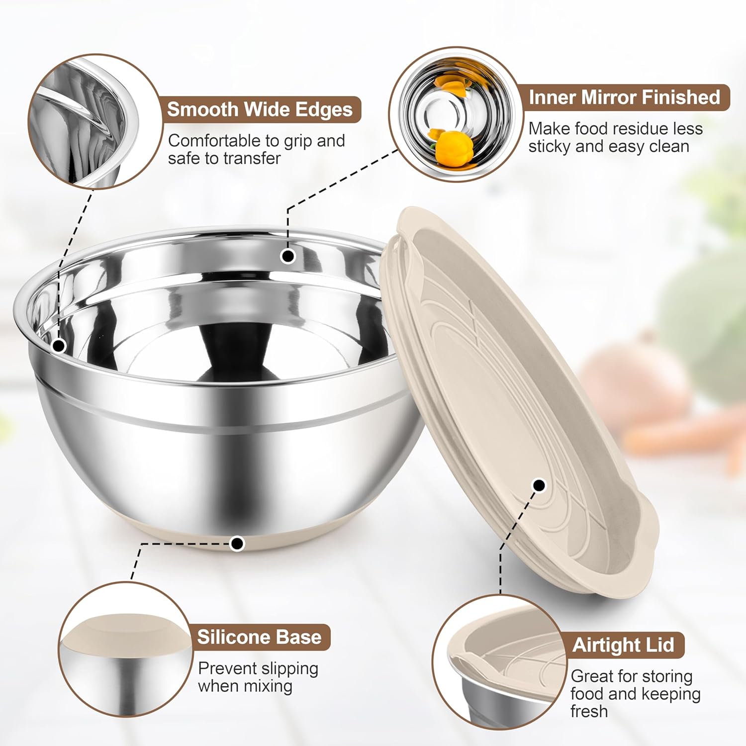 TeamFar Khaki Mixing Bowls, 6-Piece Stainless Steel Nesting Salad Bowls with Lid Set for Prepping Baking, Non-Toxic & Stackable, Air-Tight Lid & Non Slip Bottom, 4.6/2.6/2/1.5/1 / 0.7 QT