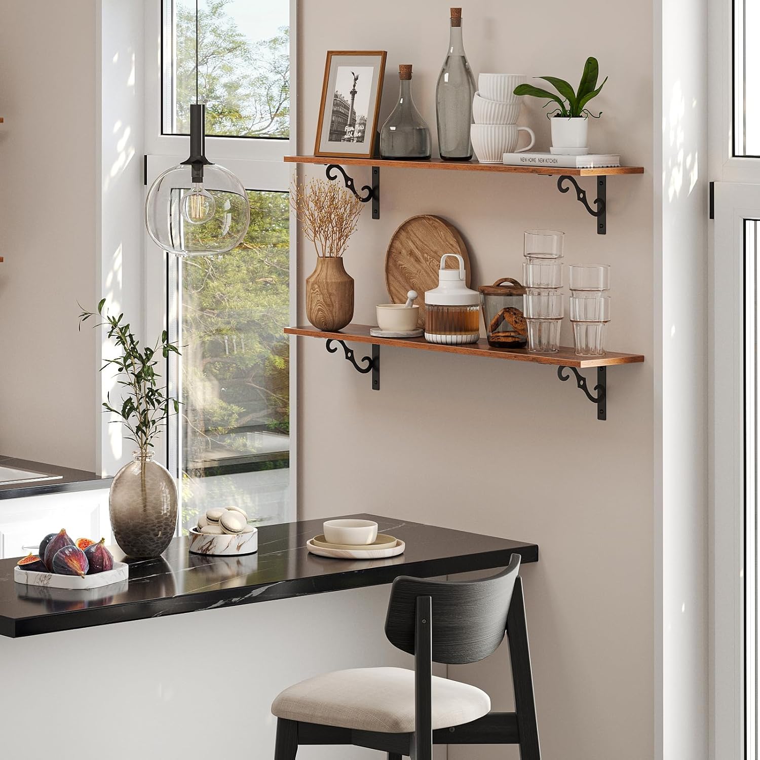 DINZI LVJ Long Wall Shelves, 23.6 Inch Large Floating Shelves Set of 2, Wide Display Shelf Wall Mounted with Brackets, Easy Hanging for Living Room, Toilet, Office, Bedroom, Rustic Brown