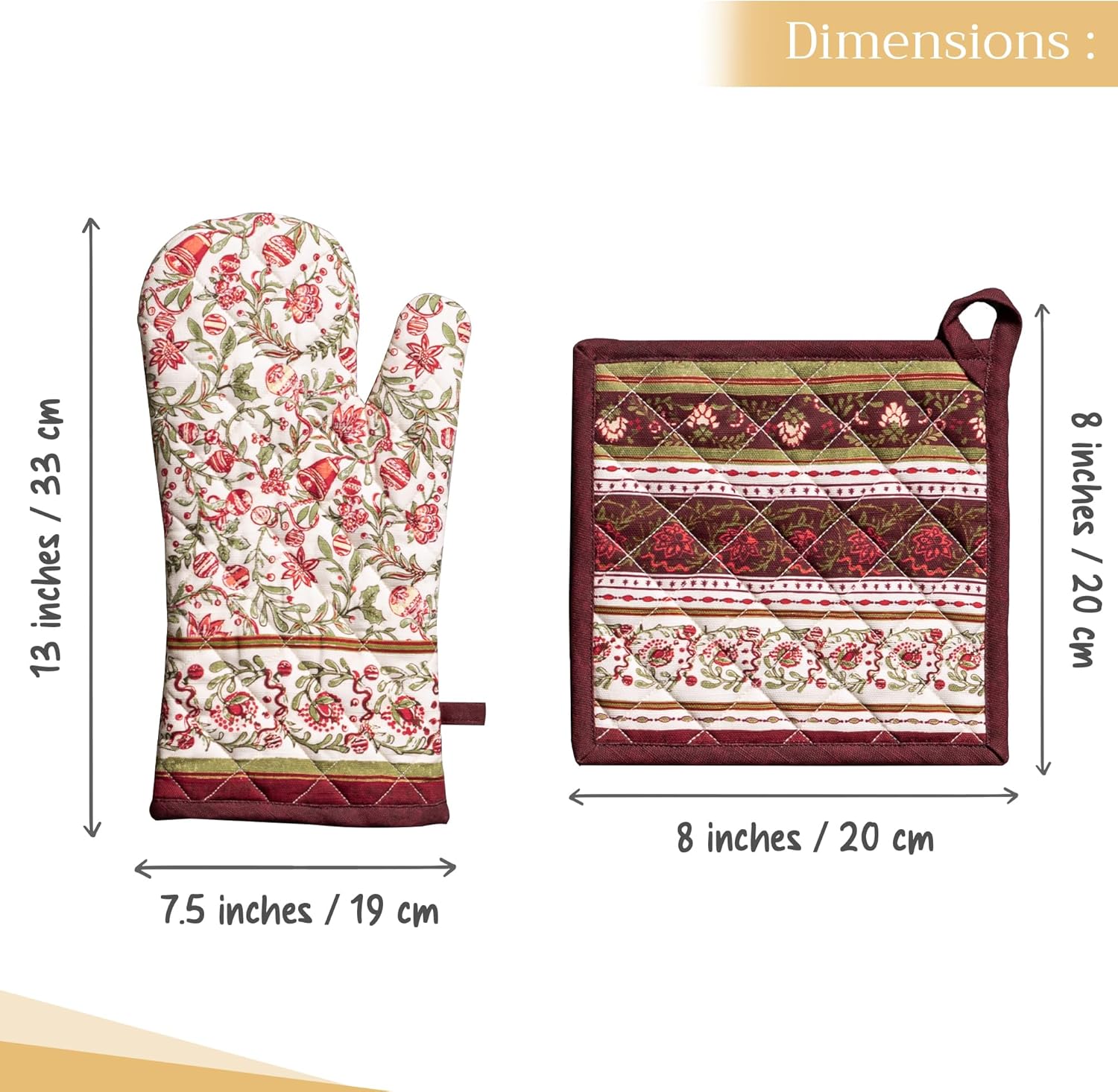 Maison d' Hermine 100% Cotton Oven Mitt & Pot Holder Set (7.5"x13" & 8"x8") Heat Resistant BBQ Cooking Gloves with Loop, Baking, Grilling, Kitchen, Handling Hot Pans (Reveillon Au Jardin)