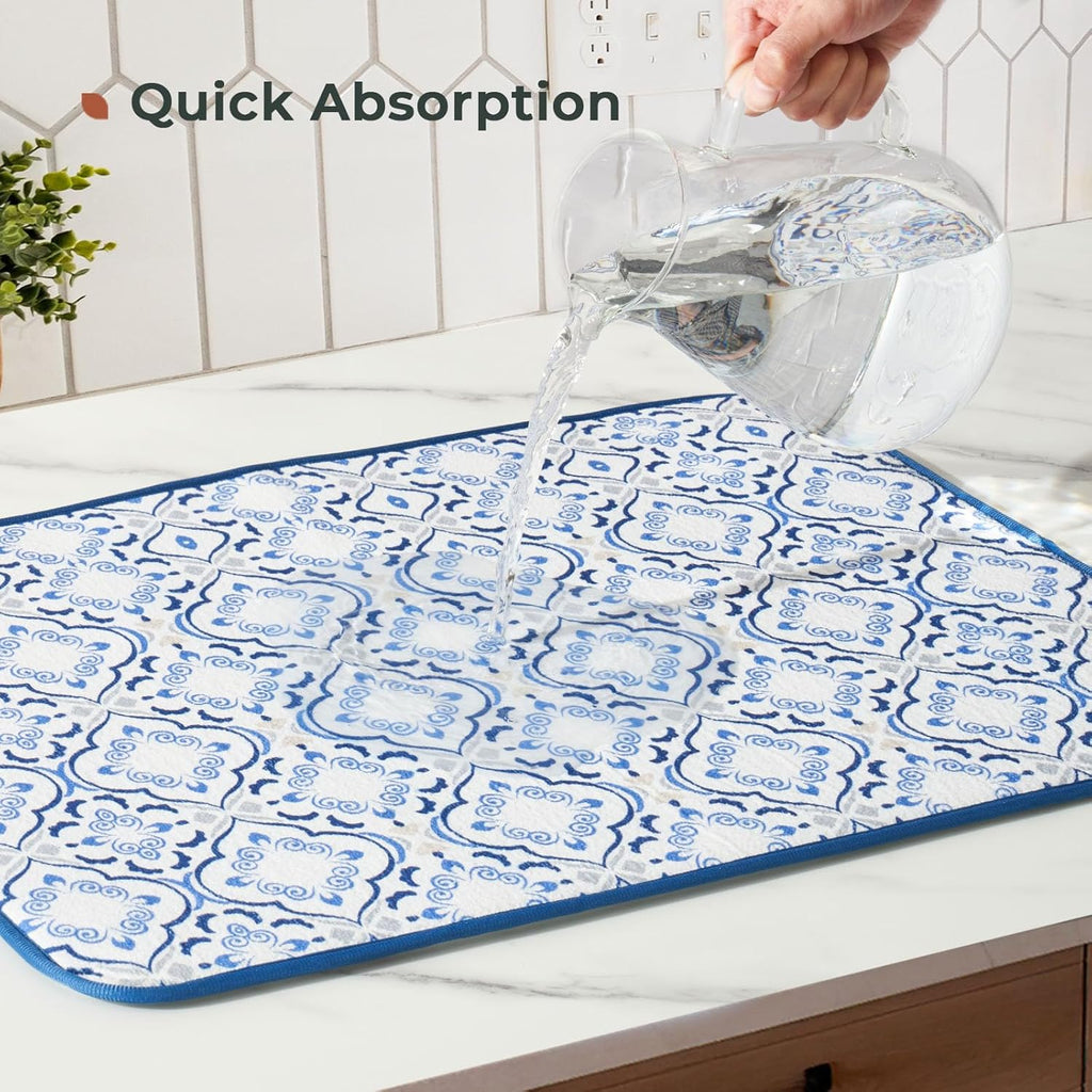 FRESHMINT Printed Dish Drying Mats for Kitchen Counter 2 Pack Absorbent Reversible Drying Mats Microfiber Kitchen Countertop Protector Dishes Drying Pad Extra Large 18"x16" Dish Mat
