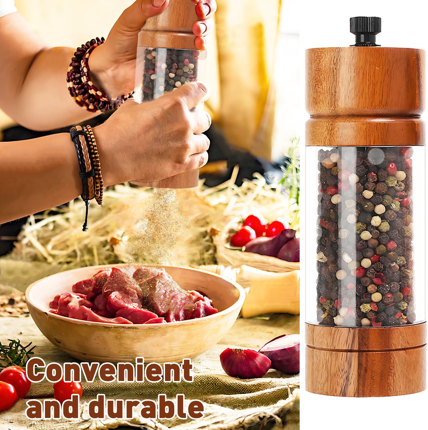 2 Pack 5.5 Inch Wood Salt and Pepper Grinder Set, Premium Acrylic Salt and Pepper Grinder Set with a Adjustable Ceramic Rotor - Made of High-Grade Acacia Wood Material