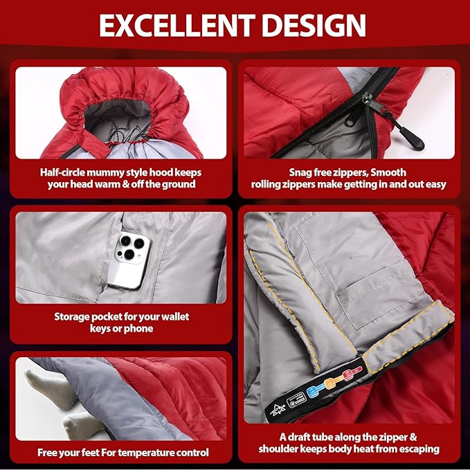 Adult Kids Sleeping Bag - All Season Warm/Cold Weather Lightweight for Camping & Hiking - Compact w/Compression Sack - Portable for Backpacking Travel Indoor - Unisex Boy Girl Man Woman