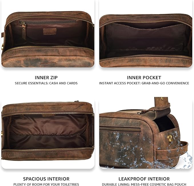 LEATHER VILLAGE Premium Leather Toiletry Travel Pouch With Waterproof Lining - Brown | King-Size Handcrafted Vintage Dopp Kit Bag