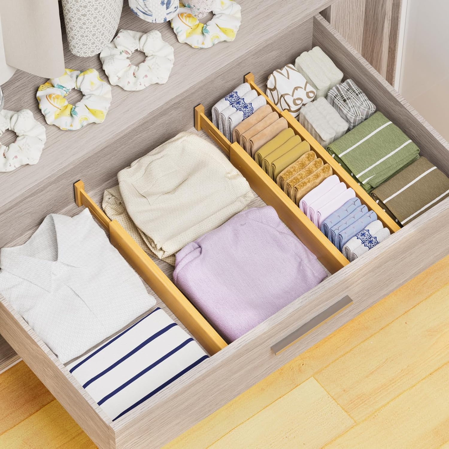 BAMBUROBA Bamboo Drawer Dividers, Adjustable Kitchen Drawer Organizer for Clothes,17-22" Expandable Drawer Organization Separators for Bedroom,Bathroom,Dresser and Office,6-Pack