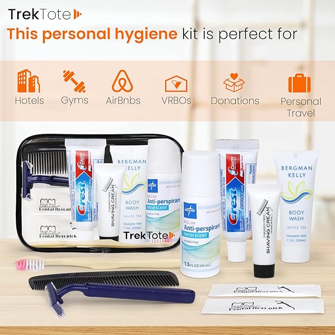 Trektote Travel Toiletry Kit For Men And Women – 10 Piece Set of Travel Size Toiletries, TSA Compliant, Includes Body Wash, Deodorant, Shaving Cream And Razor, Oral Care, Reusable Toiletry Bag & More