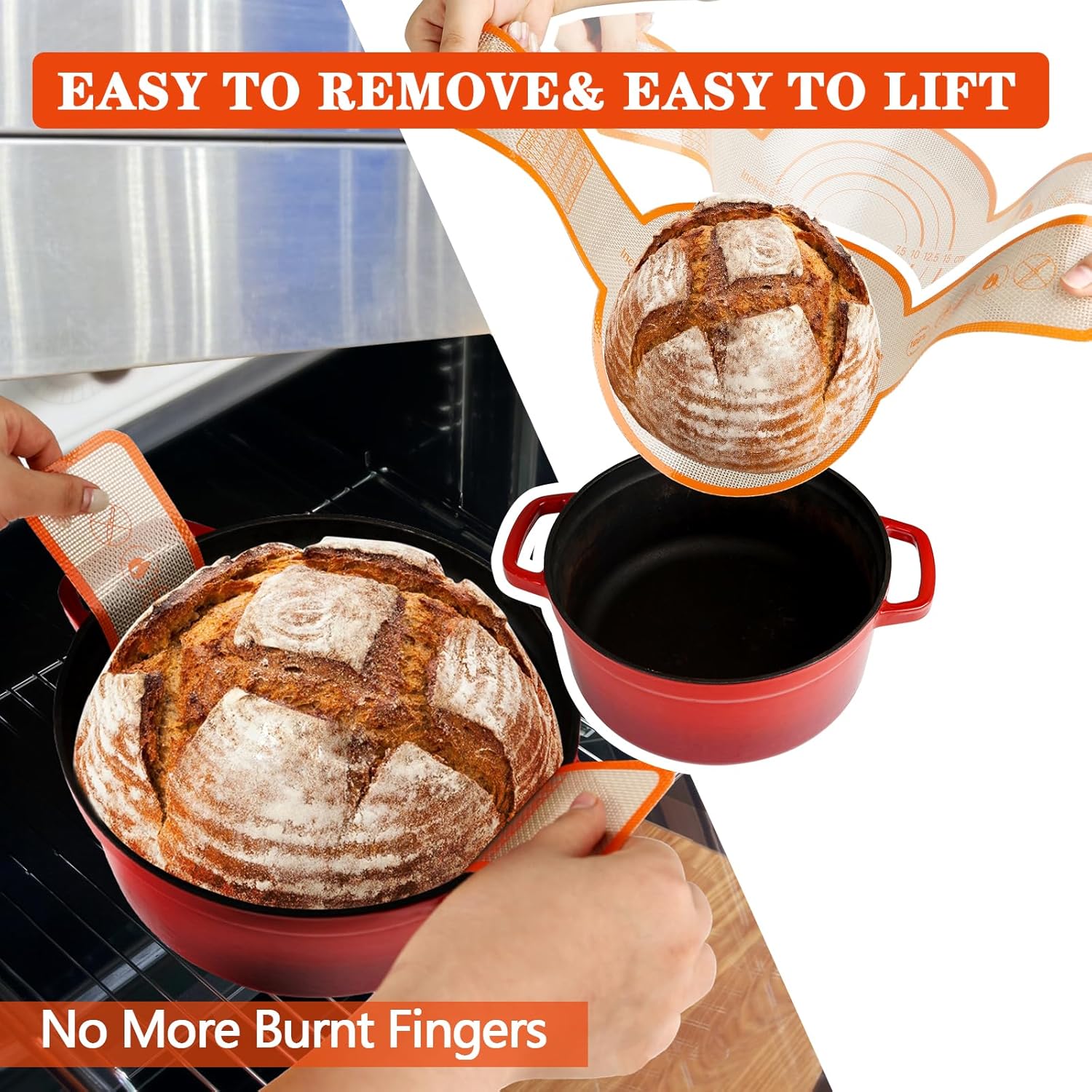 UBeesize 2 Pack Thickened Silicone Bread Sling, Reusable Sourdough Bread Baking Mat For Dutch Oven 2-8 Qrt, Non-Stick, Easy To Clean, With Extra Long Handles Bread Baking Sheet Liner.